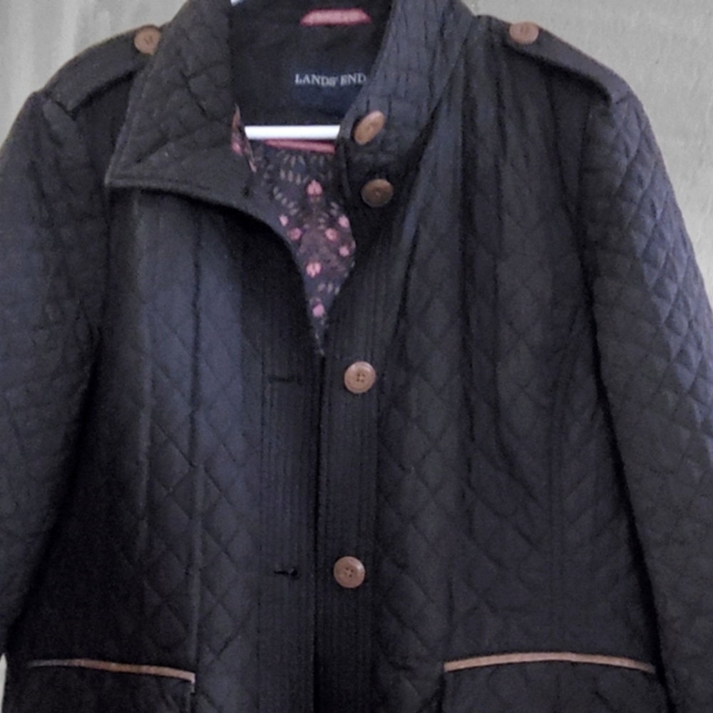 Lands End Black Quilted Jacket Floral Interior Primaloft Lightweight Sz Large - Picture 10 of 15
